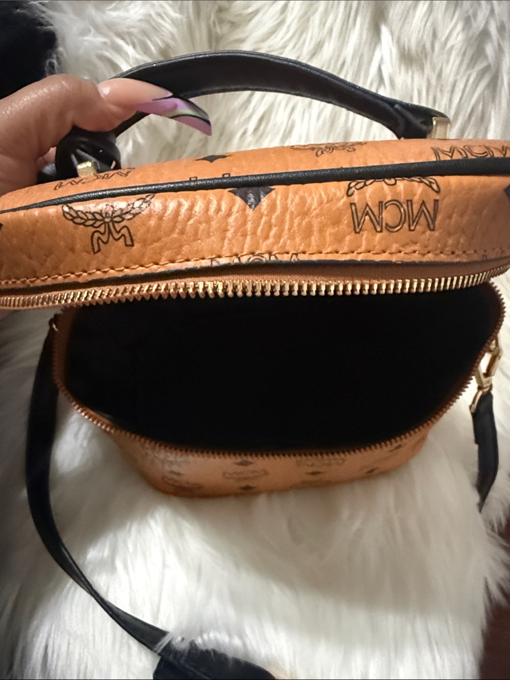 Cognac Visetos Monogram Crossbody Bag with Black Trim
